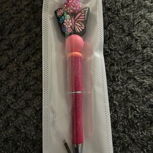 handcrafted Pink Glitter Butterfly Top Pen with Silicone Grip